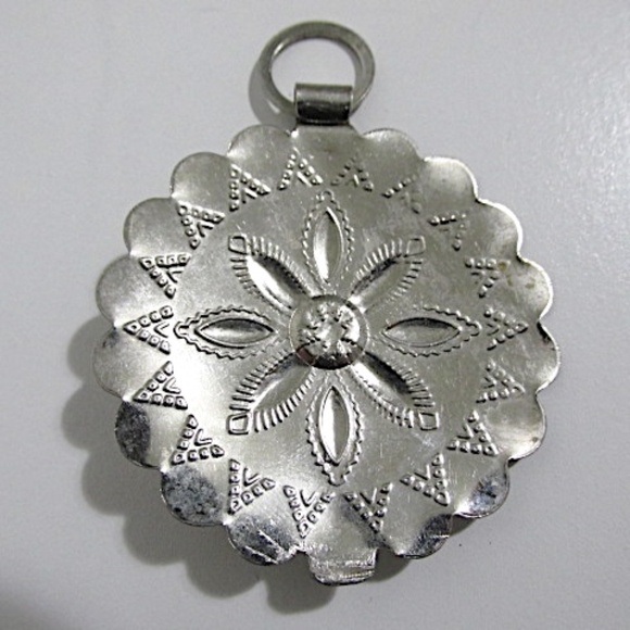 Engraved Silver Tone Pendant with Faux Turquoise Bead - Picture 4 of 6